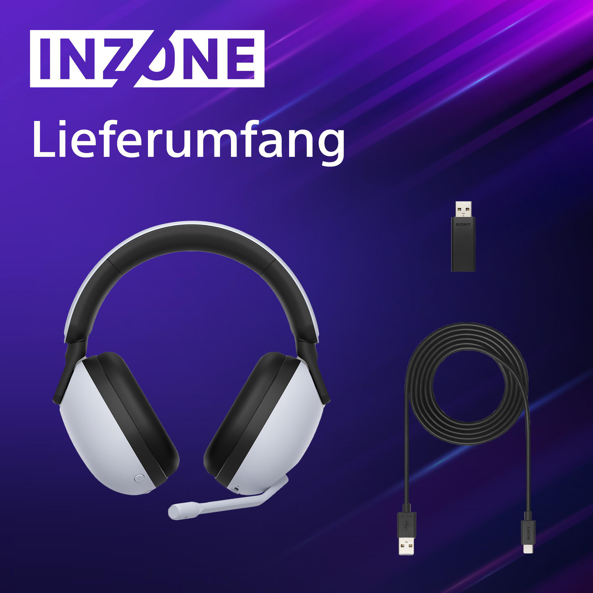 Weißes und schwarzes Gaming-Headset, ein USB-Dongle und ein USB-Kabel. Alles auf lila Hintergrund.