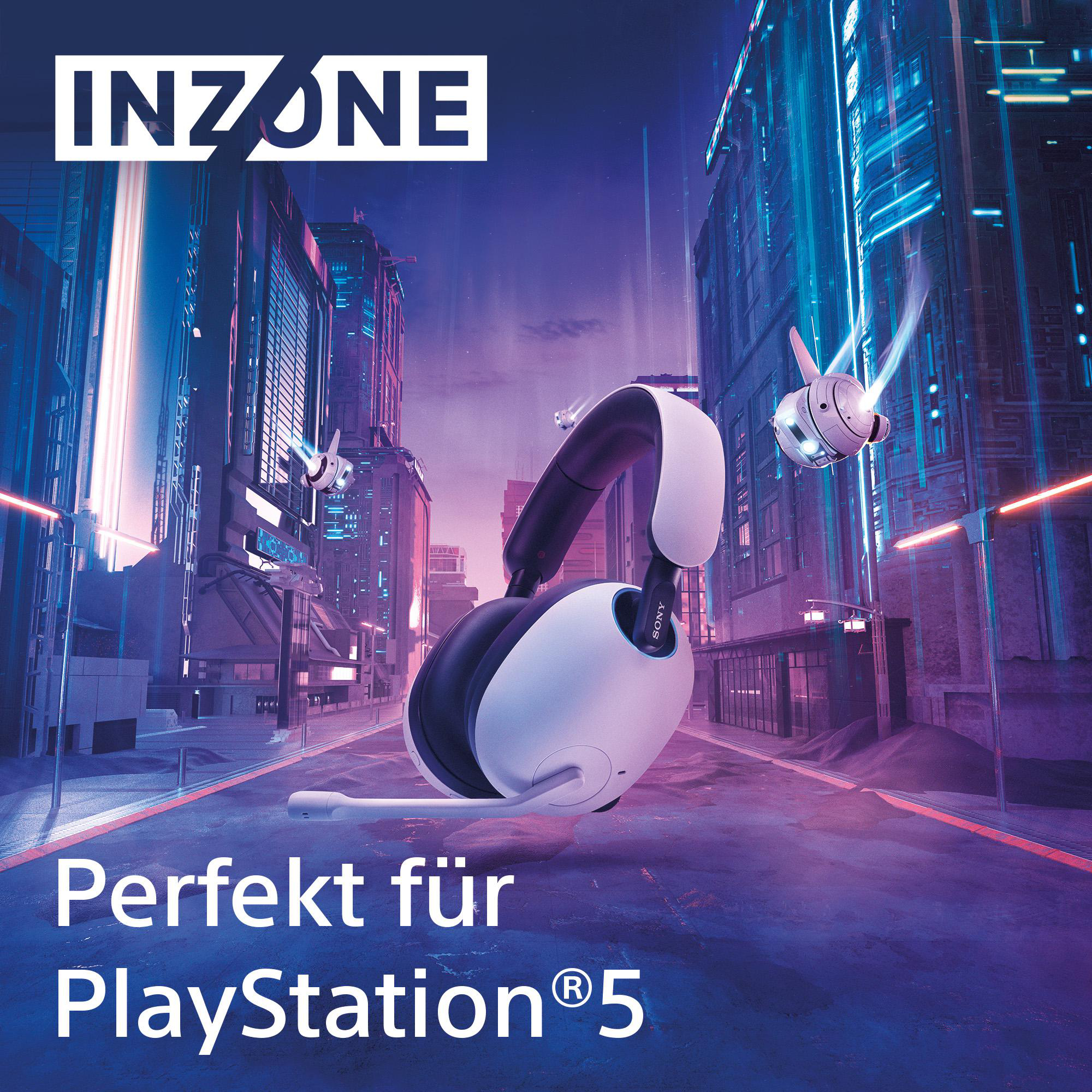 Bild von Gaming-Kopfhörern in futuristischer Stadtkulisse. Text: 'Perfekt für PlayStation 5'.