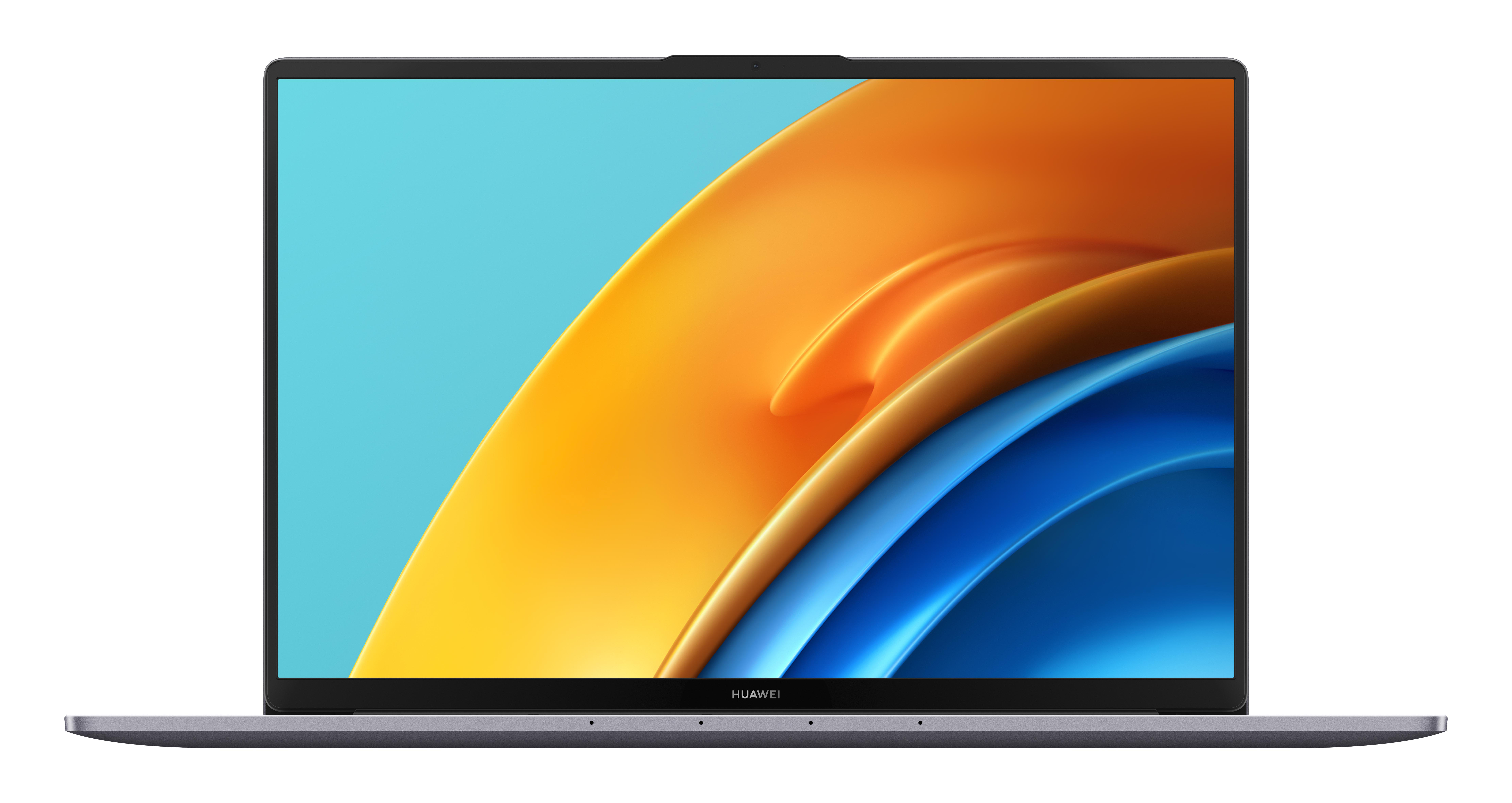 Ein Laptop-Computer auf weißem Hintergrund. Der Bildschirm zeigt ein farbenfrohes Bild.