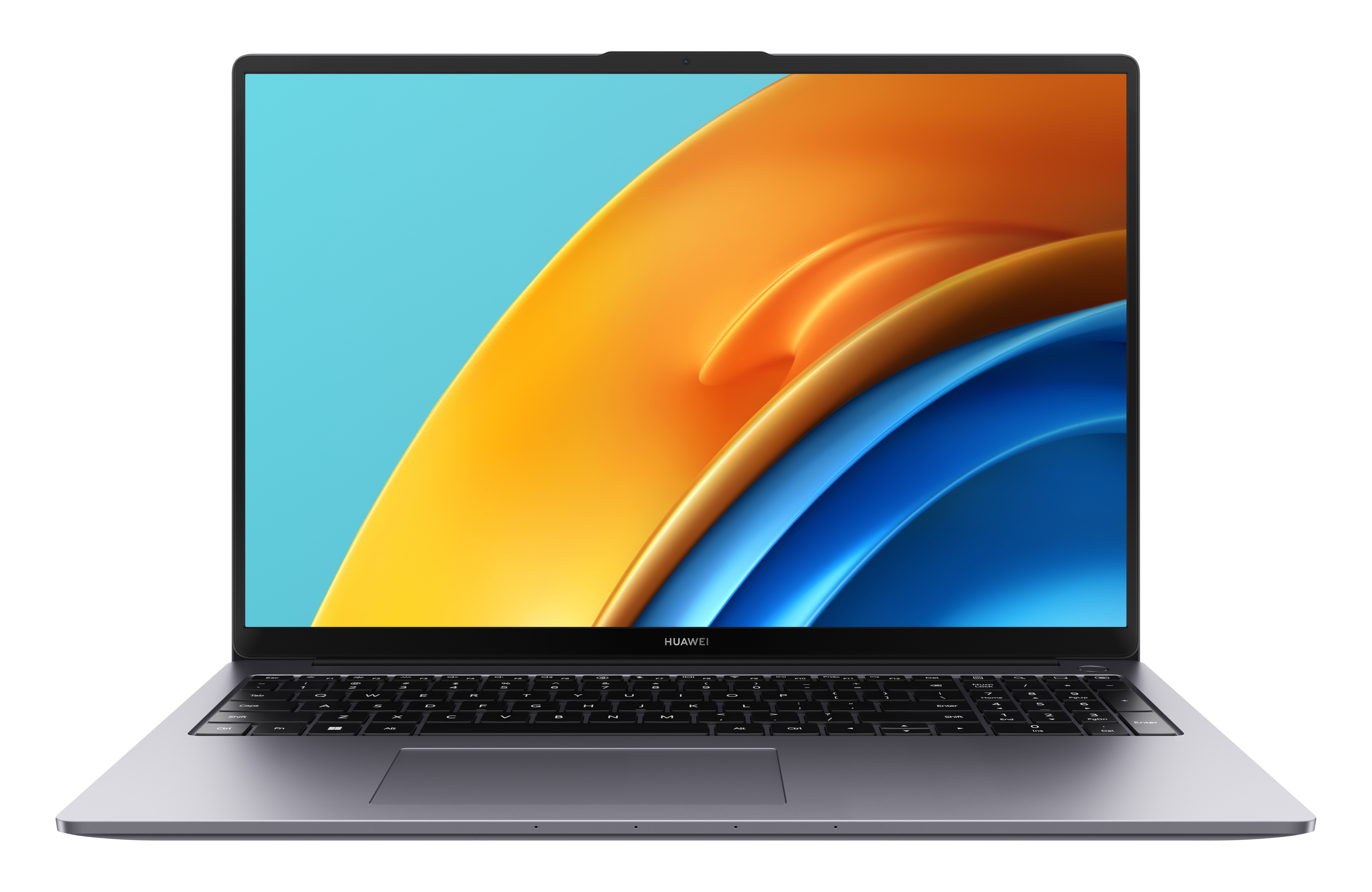 Laptop mit einem Bildschirm, der ein farbenfrohes abstraktes Design zeigt. Der Laptop ist grau.