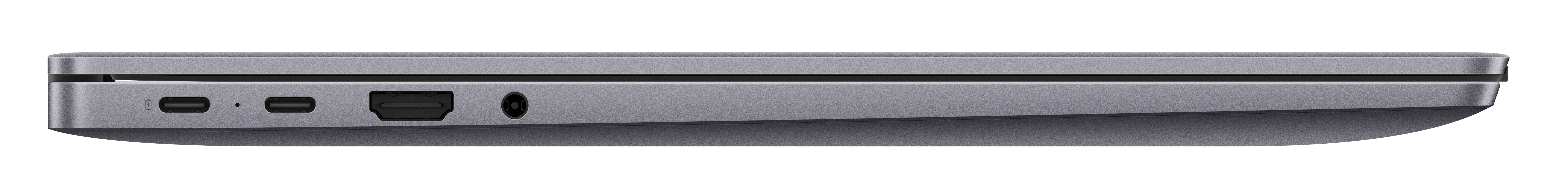 Seitenansicht eines grauen Laptops mit Anschlüssen auf der linken Seite, einschließlich USB-C und HDMI.