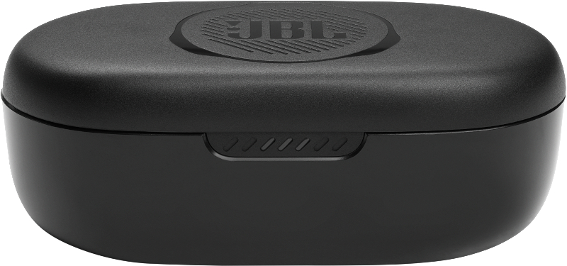 Schwarzes, oval geformtes Kopfhörer-Etui mit JBL-Logo auf der Oberseite.