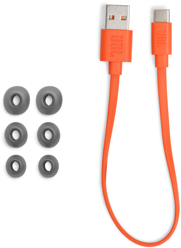 Oranges USB-Kabel mit USB-A- und USB-C-Anschluss und grauen Ohrhörerspitzen.