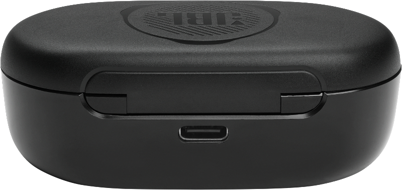 Schwarzes JBL-Kopfhörer-Ladecase. Es ist geschlossen und hat einen USB-C-Anschluss.
