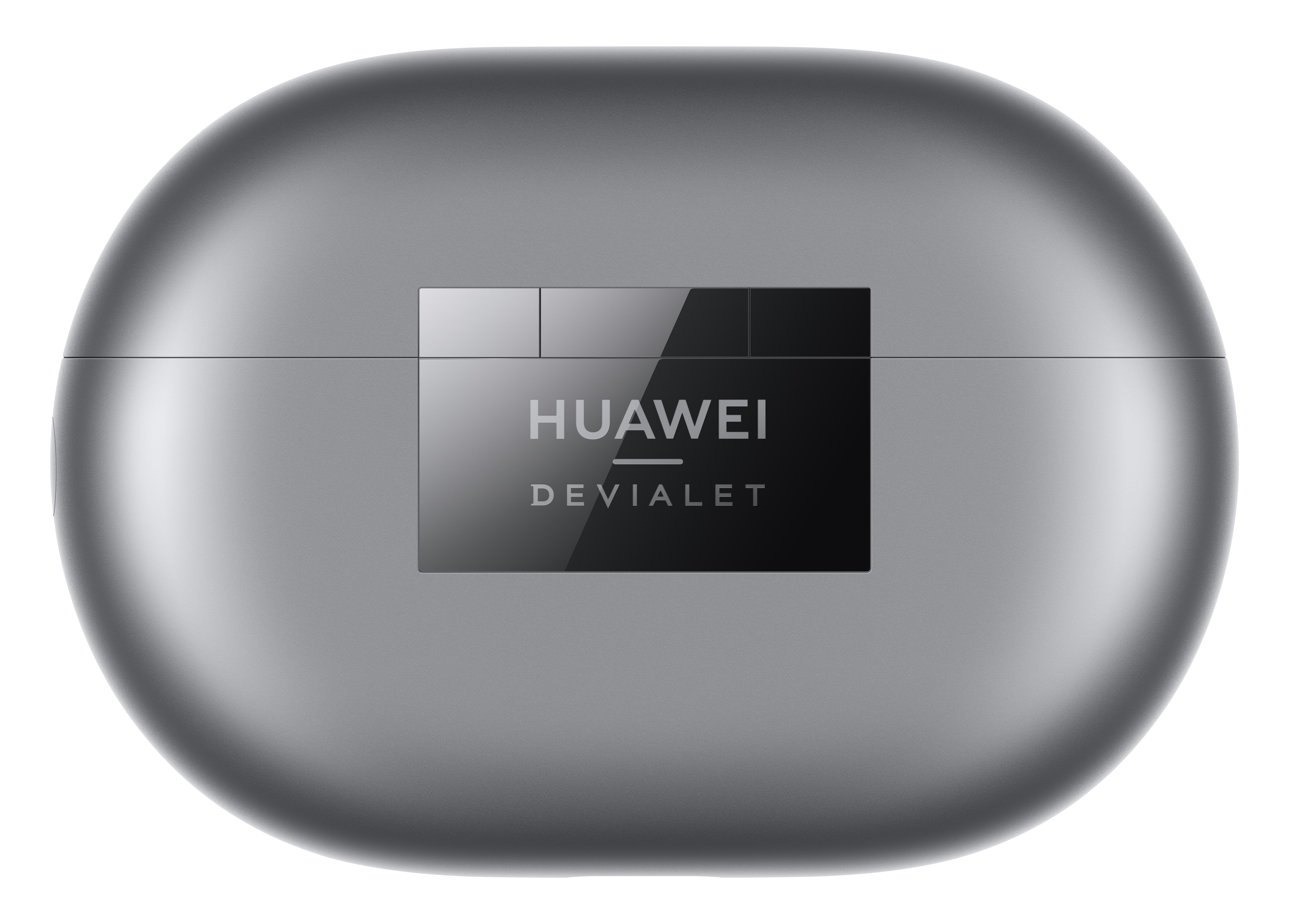 Grauer, ovaler Koffer mit 'HUAWEI DEVIALET'-Logo. Draufsicht.