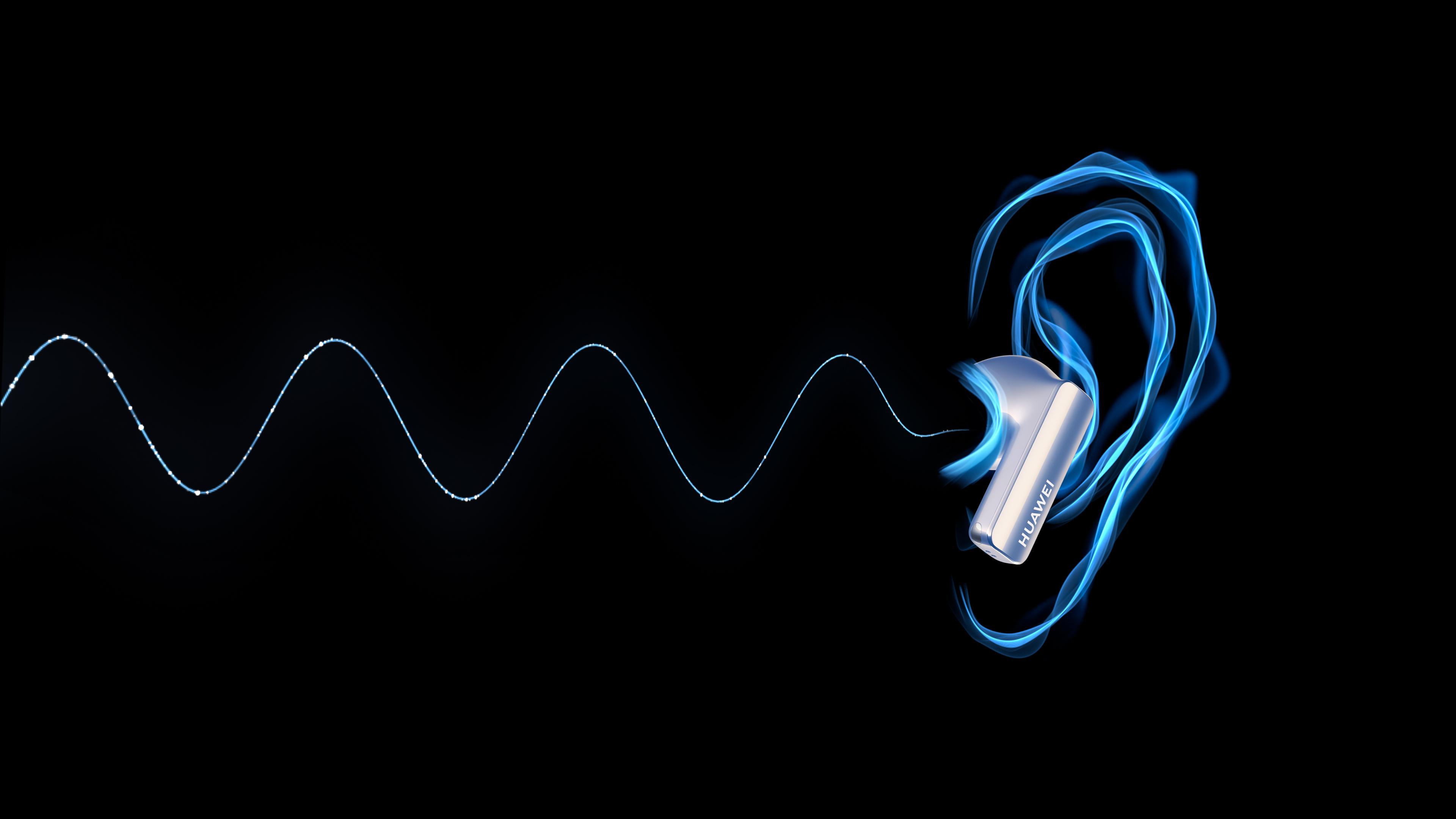 Ohrhörer mit Huawei-Logo. Blaue rauchartige Linien. Schwarzer Hintergrund. Schallwellen-Illustration.