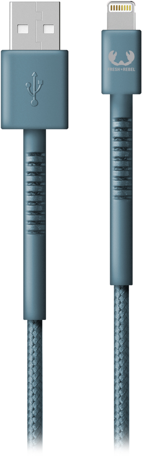 A teal USB to Lightning cable with both connectors visible. The cable has a braided appearance.