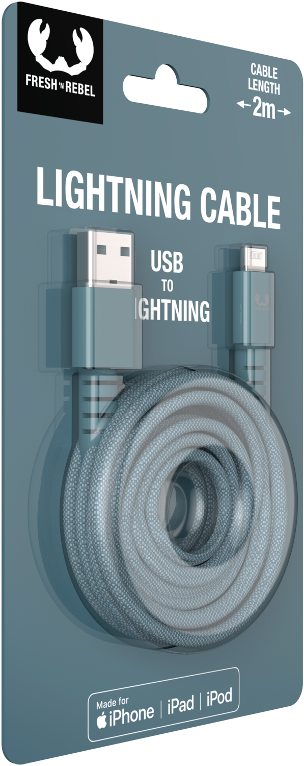 A blue Lightning cable in a package with a USB to Lightning connector and the cable coiled.