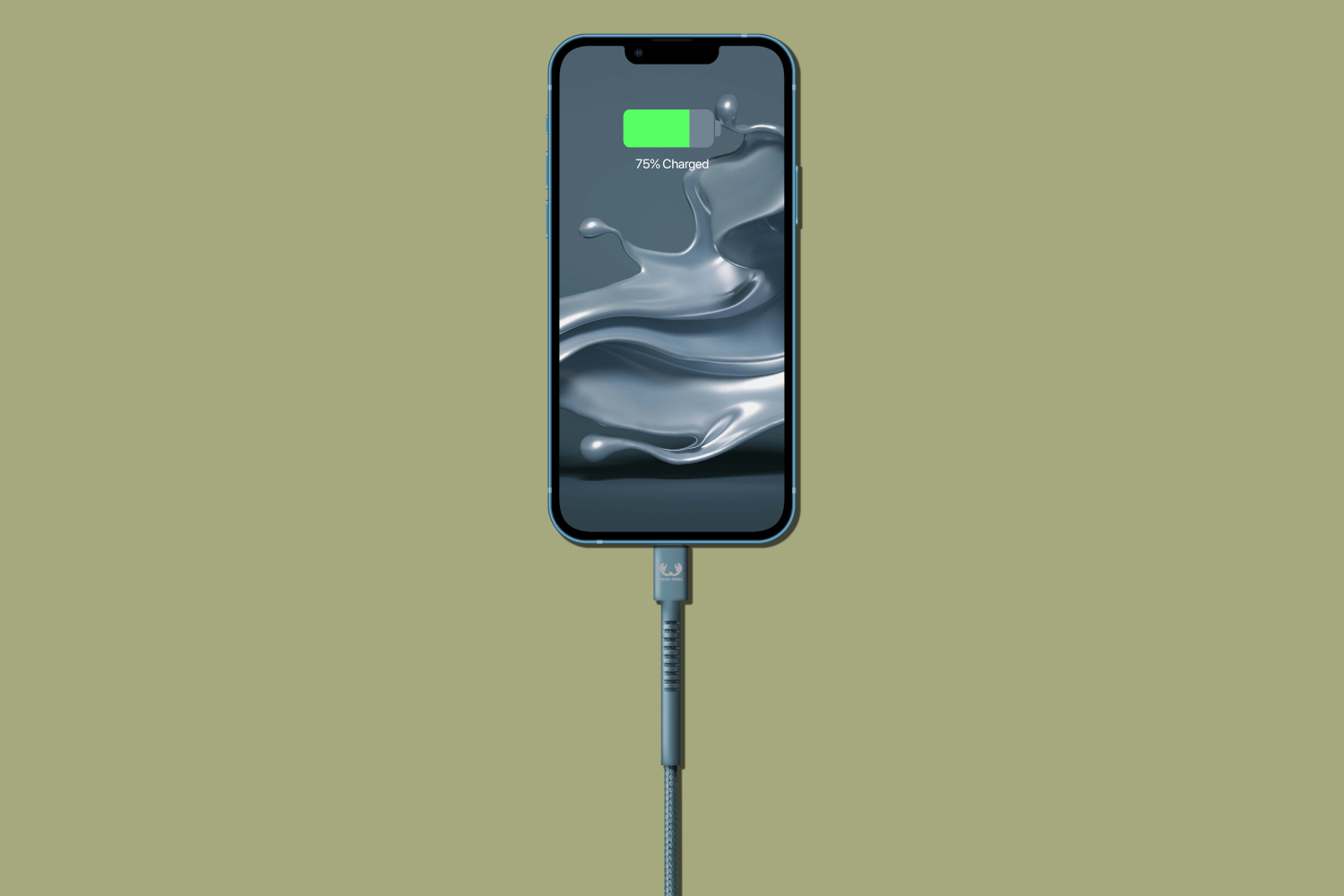 Blue iPhone charging at 75% with a splash screen on a green background.