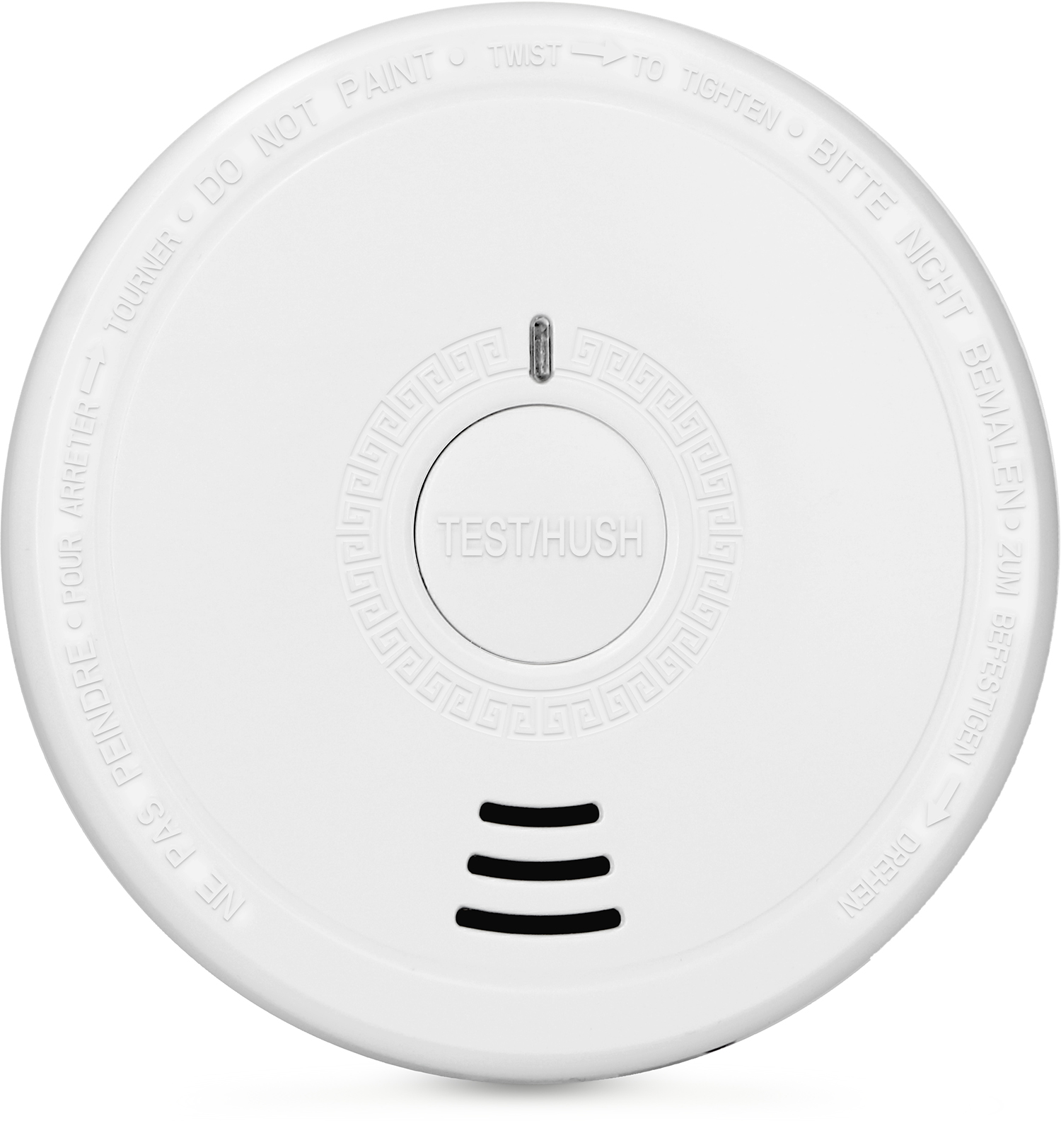 Een witte rookmelder met een testknop en de woorden 'TEST/HUSH'. Het heeft drie sleuven aan de onderkant.