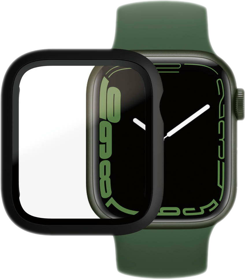 Apple Watch verte avec un protecteur d'écran noir affichant des chiffres numériques et des aiguilles blanches.