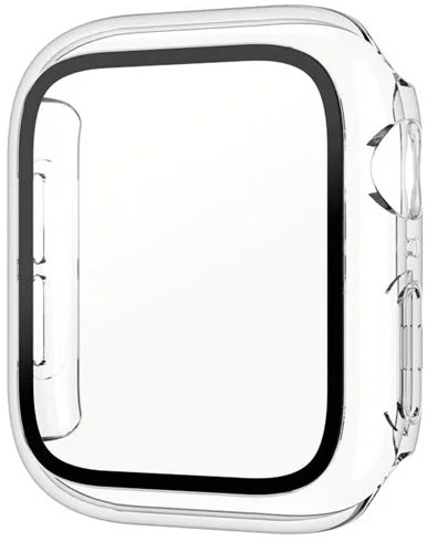 Boîtier de montre transparent avec bord noir, forme carrée.