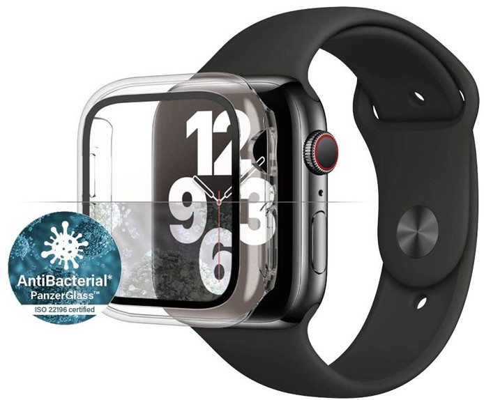 Une Apple Watch noire avec un étui de protection et un bracelet noir. Un logo à gauche.