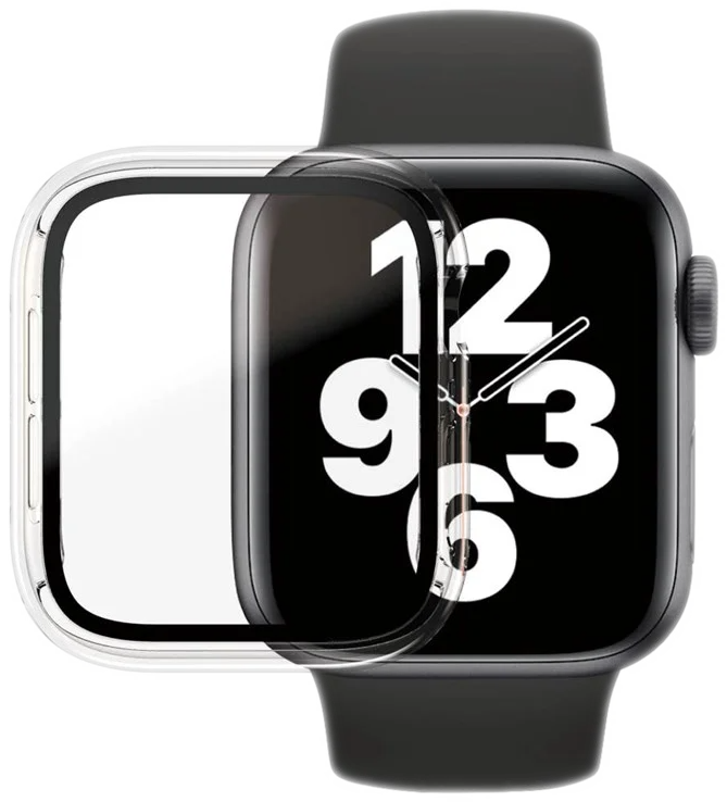 Apple Watch avec un protecteur d'écran transparent, affichant l'heure : 12h00.