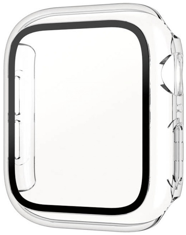 Transparante beschermhoes voor een smartwatch, vierkante vorm met zwarte randen, transparant en schoon.