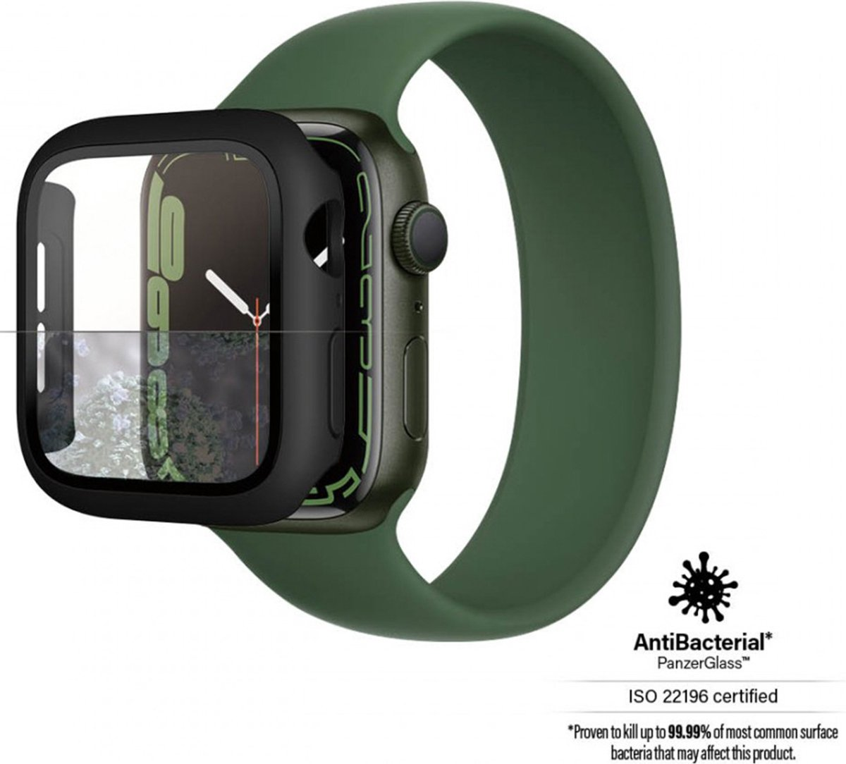 Smartwatch verte avec protection d'écran noire et bracelet vert.