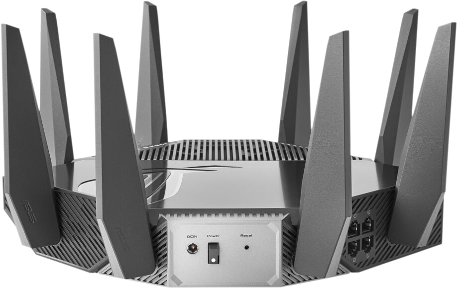 Silver router with six antennas. Power, DC in, and reset buttons are visible on the front.