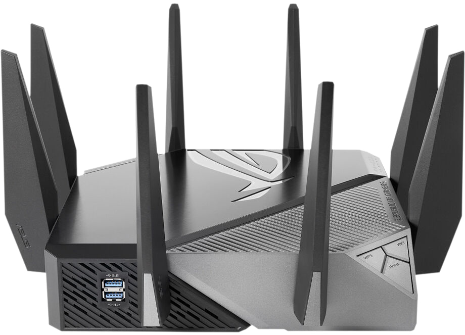 Black and gray ASUS router with multiple antennas, on a white background.