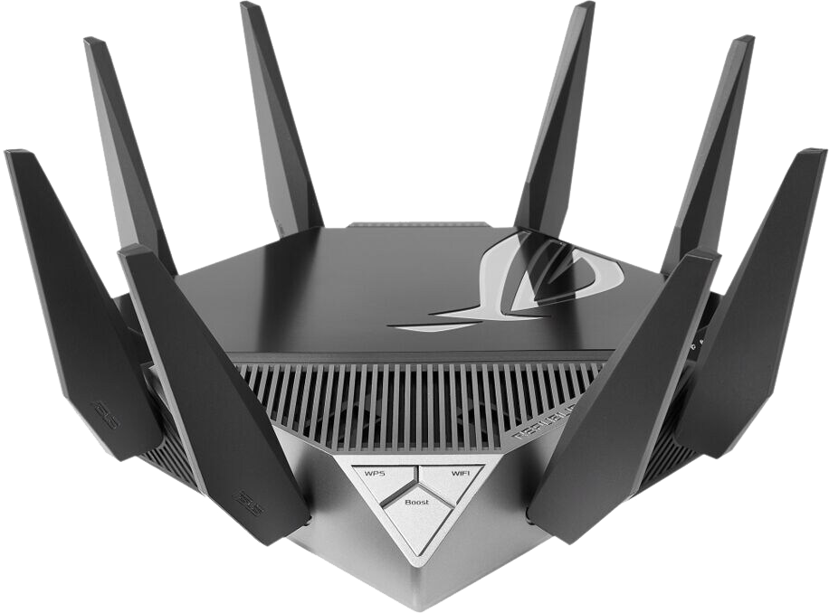 Black router with six antennas and a logo on top. Has buttons for WPS and WiFi.
