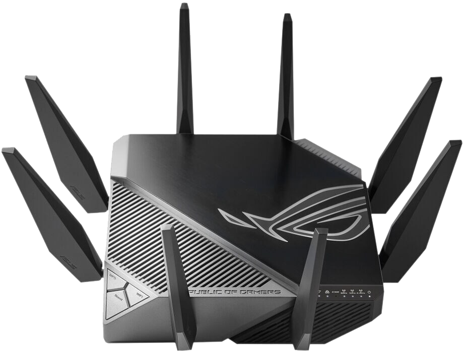 Black router with six antennas, silver accents, and the Republic of Gamers logo.