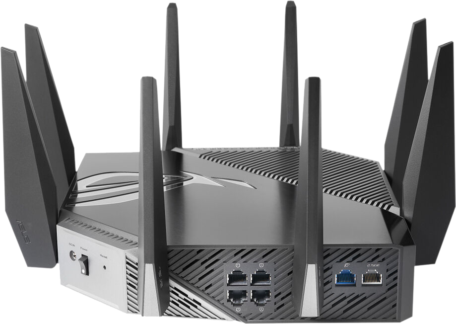 Black ASUS ROG router. Visible ports and antennas. Dark background. Shows the back of the router.