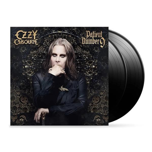 Ozzy Osbourne Albumcover: Ozzy mit einer Hand im Gesicht, Vinylplatten.