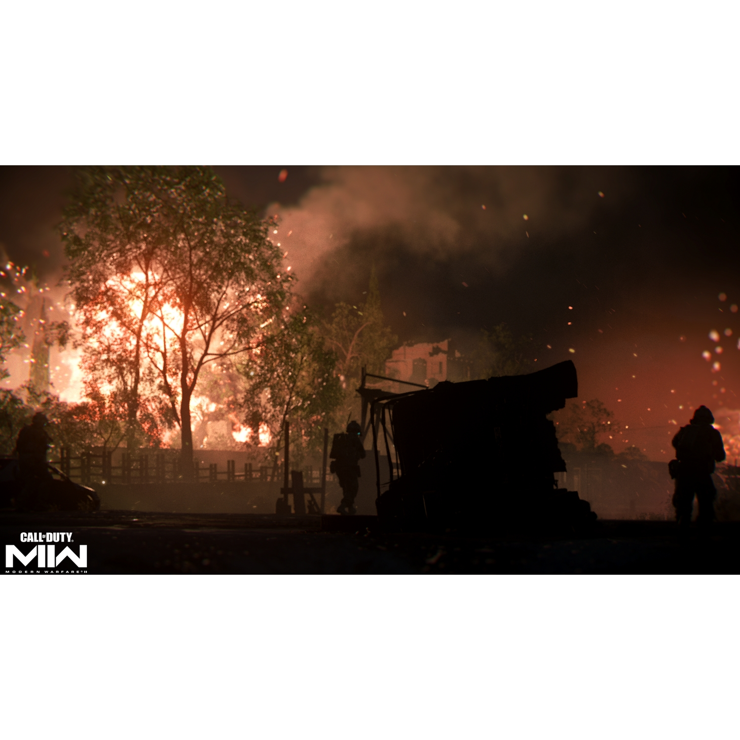 Toma de cerca de una escena de videojuego con explosiones y soldados en silueta.