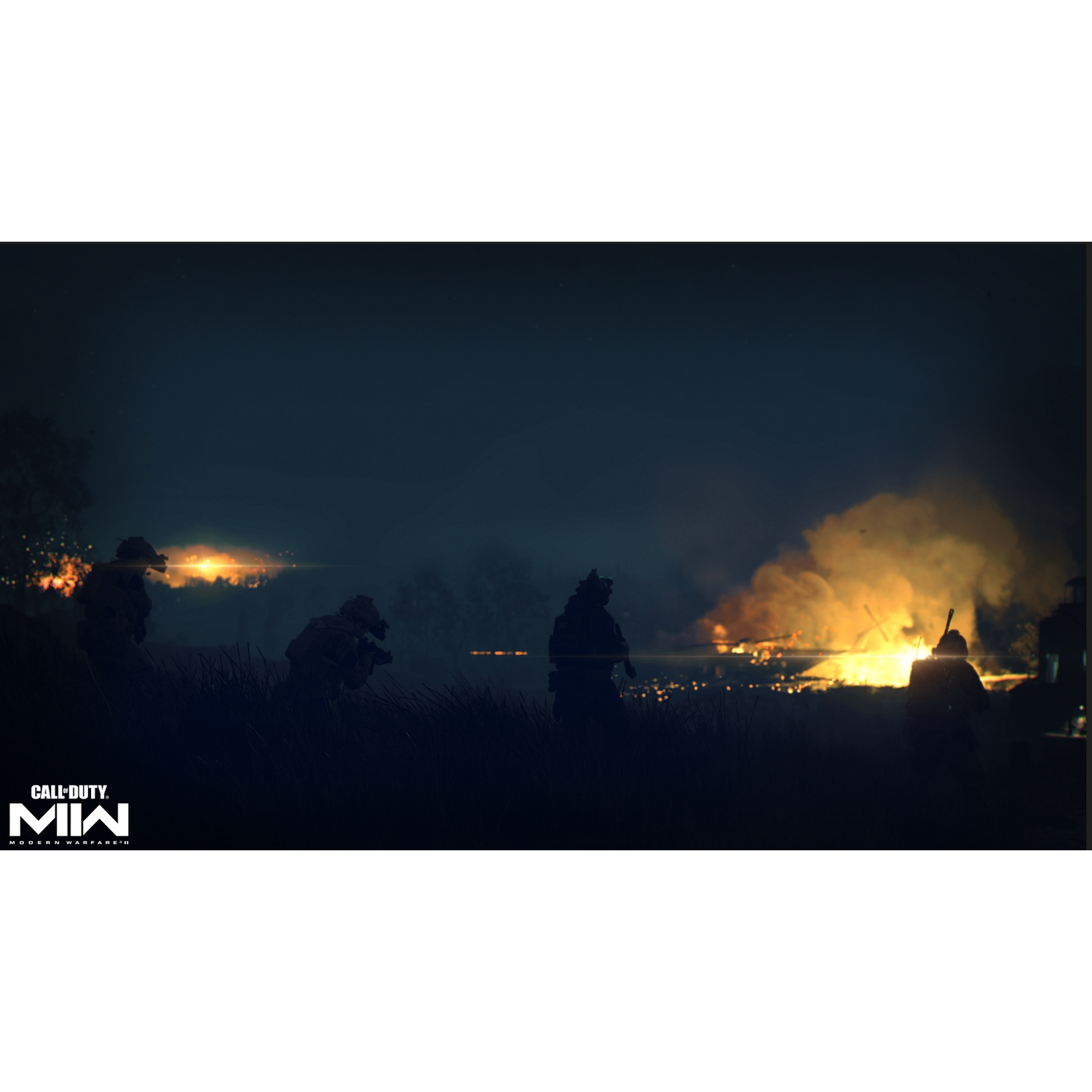 Una escena de Call of Duty: Modern Warfare con soldados en silueta y explosiones.