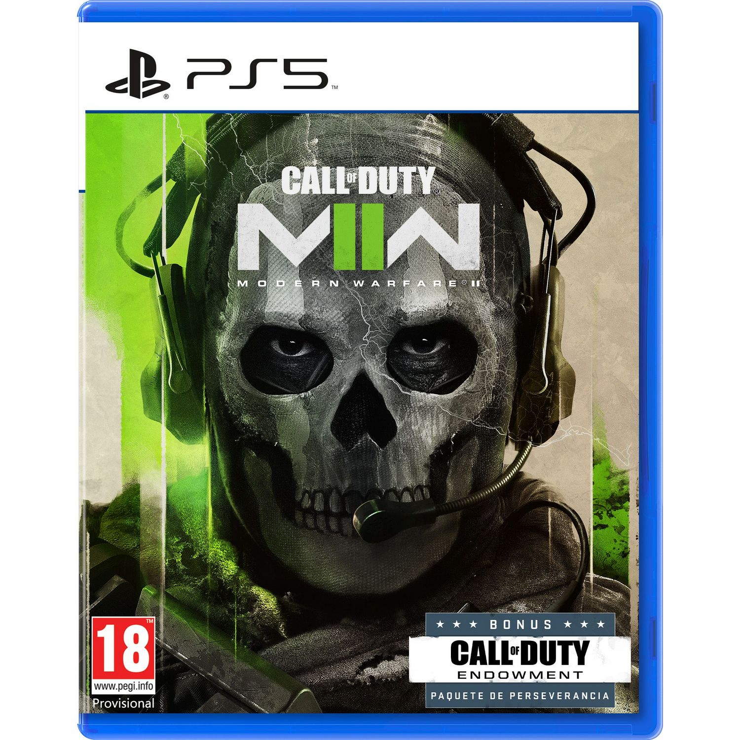 Caja del juego PS5 con calavera y título, Call of Duty: Modern Warfare II. Clasificación 18.
