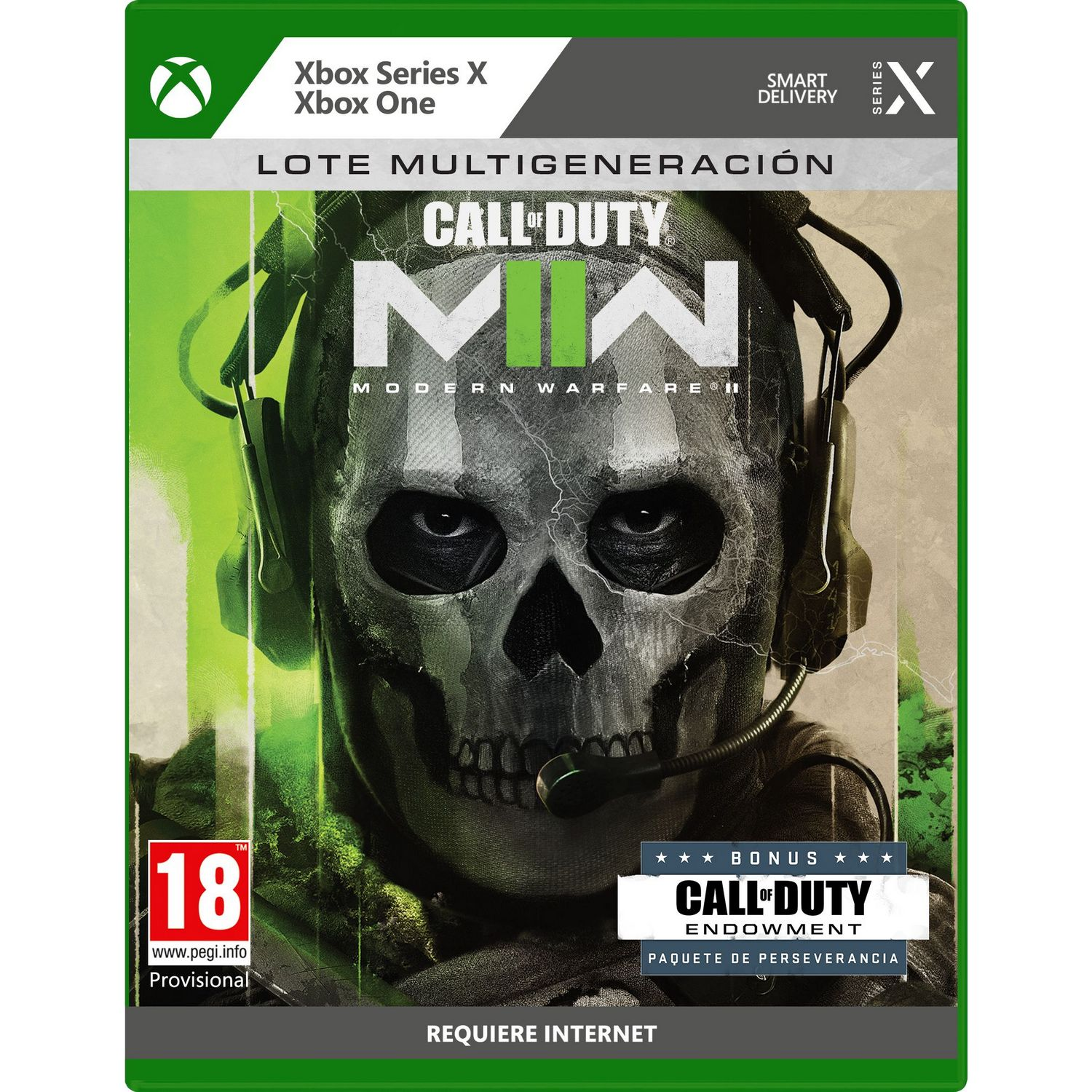 Caja de juego Xbox Series X. Diseño verde y negro con imagen de calavera. Call of Duty MWII.
