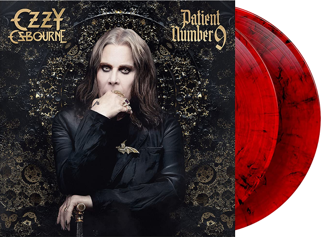Ozzy Osbourne album borítója. Fekete ruhában. A Patient Number 9 album, piros vinyl-lel.