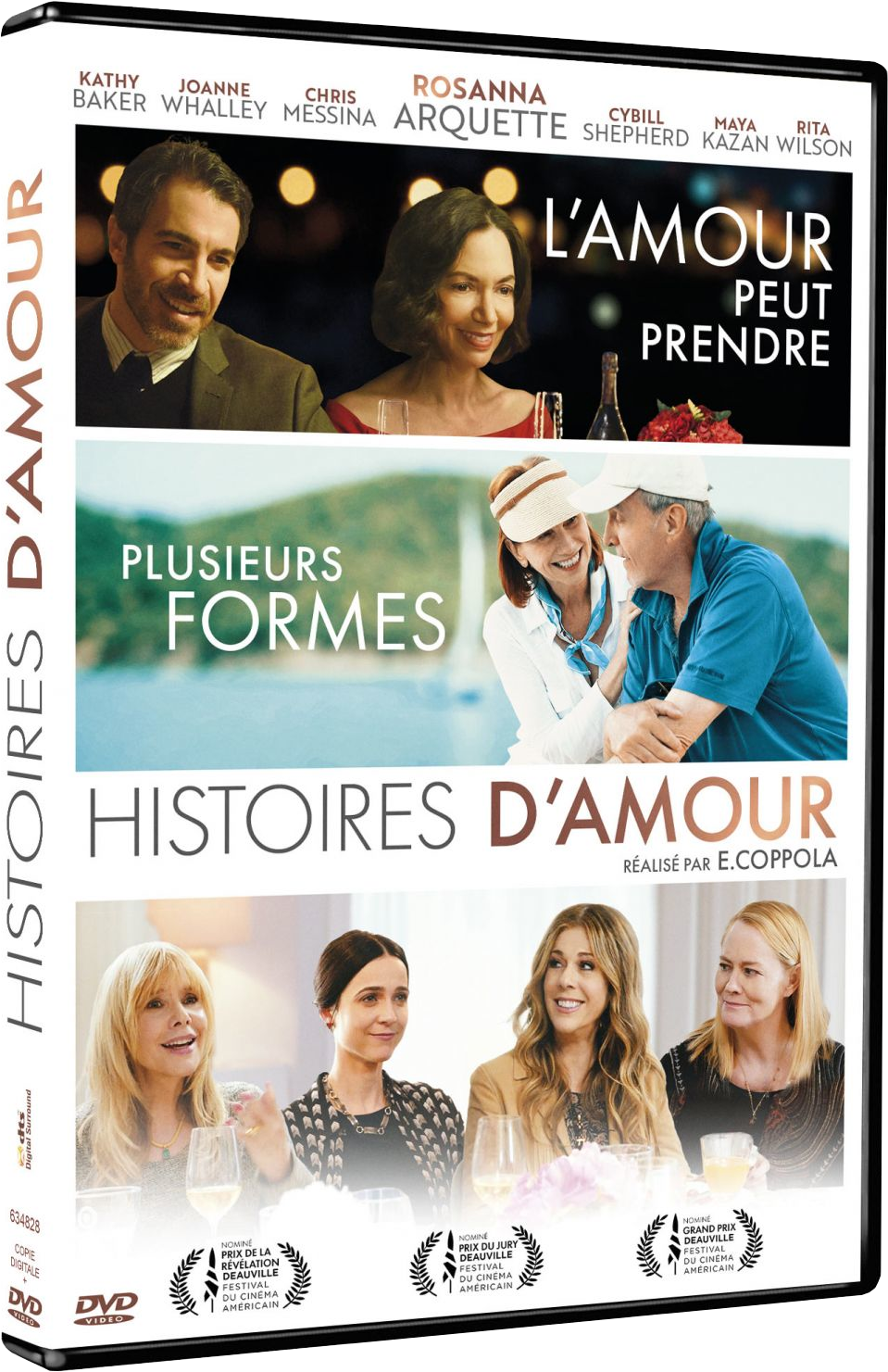 DVD-hoes met titel 'Histoires d'Amour'. Gezichten acteurs. Franse tekst. Kleurrijk ontwerp.