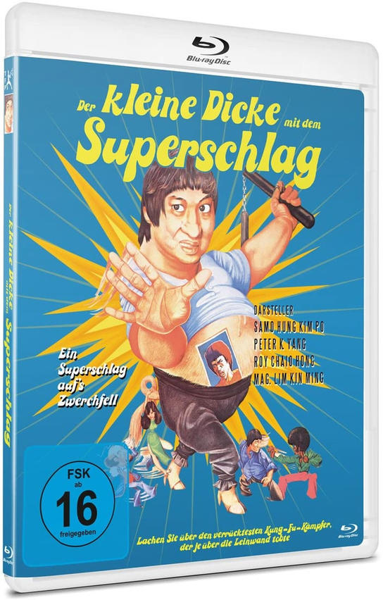 Blue-ray-Hülle mit Comic-Mann, der Nunchakus hält. Titel: "Der kleine Dicke mit dem Superschlag".