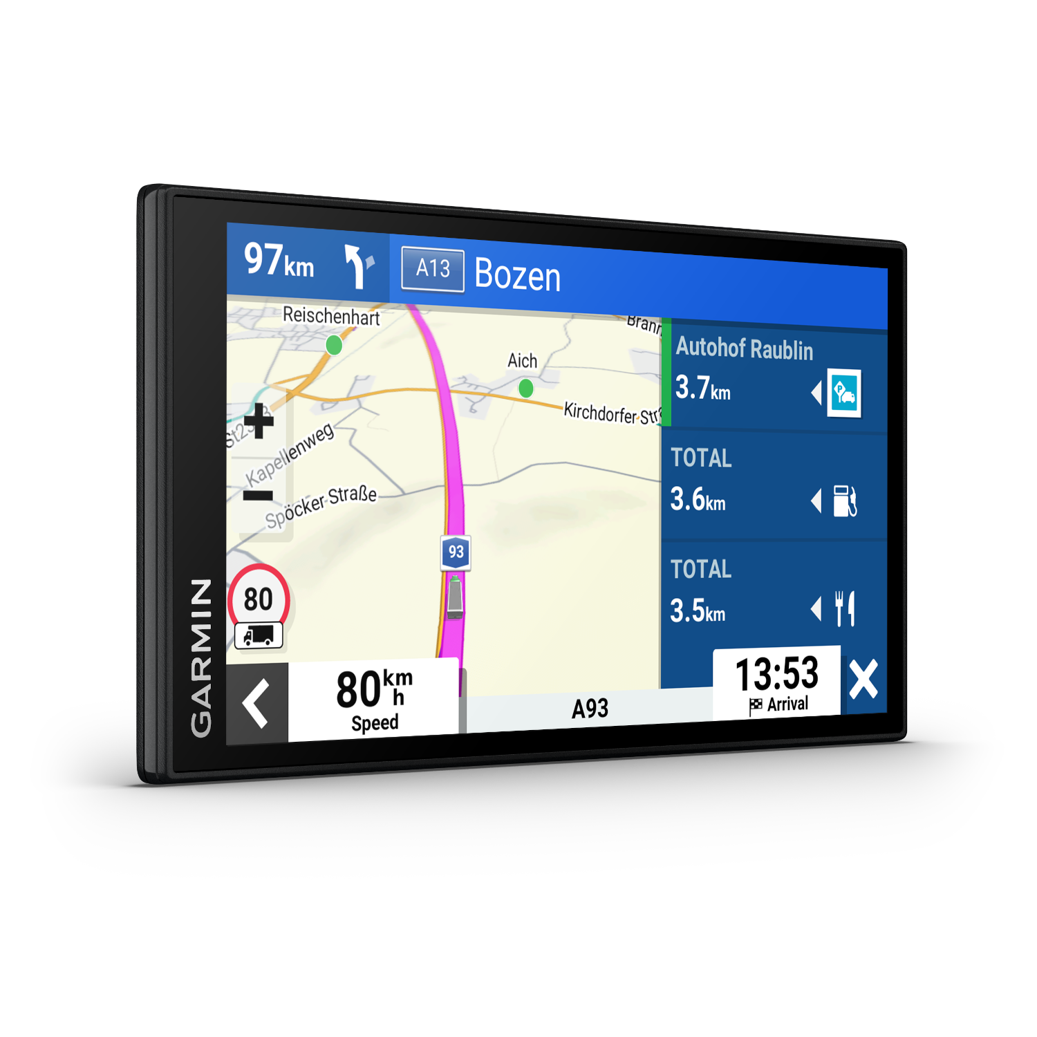 GPS device showing a navigation map with route information. Black frame, dark background.