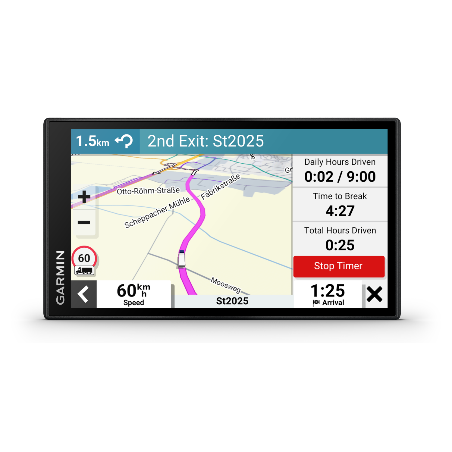 Garmin GPS device screen. Displays a map with a route, speed limit, and navigation information.