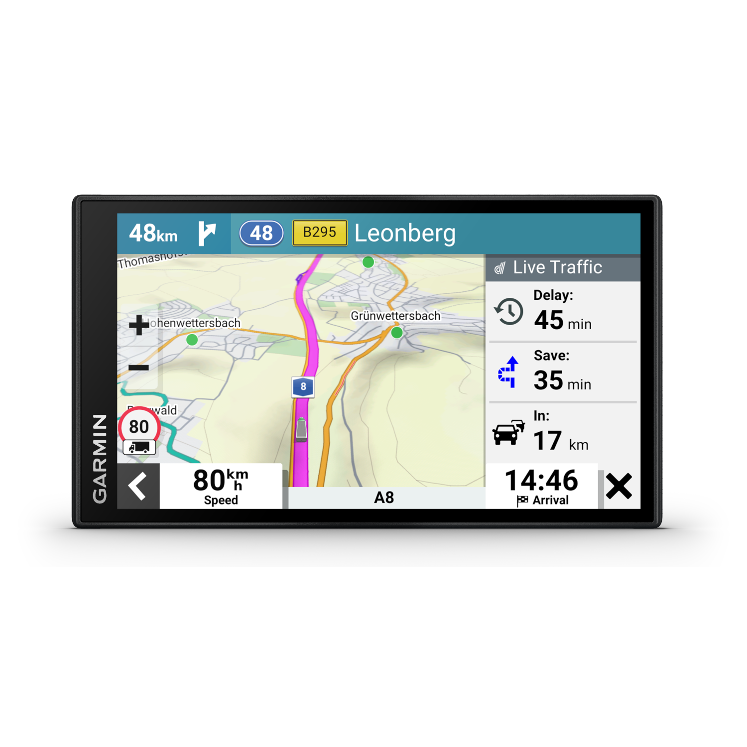 GPS navigation screen showing a map, speed, and traffic information.
