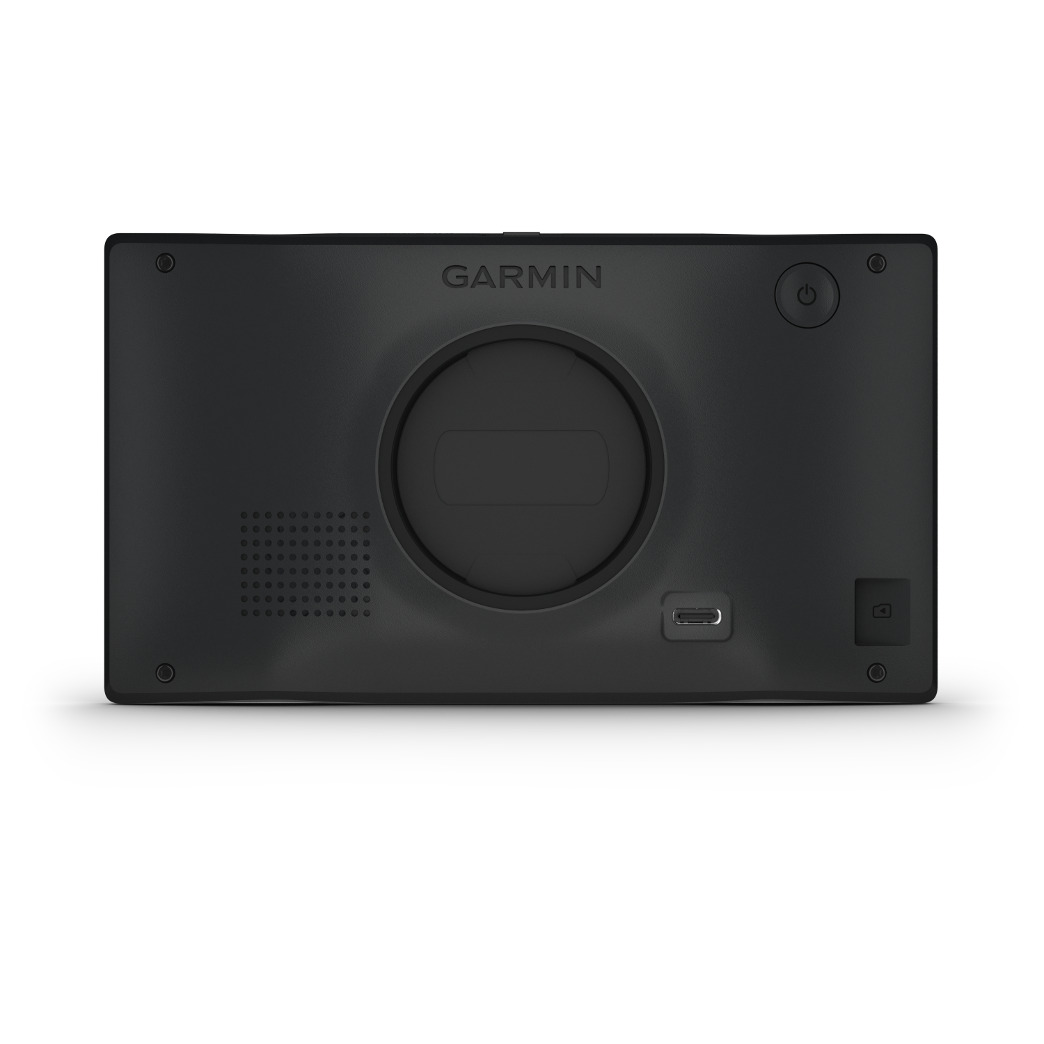 Back of a black Garmin GPS device. It has buttons, a charging port, and the Garmin logo on the top.