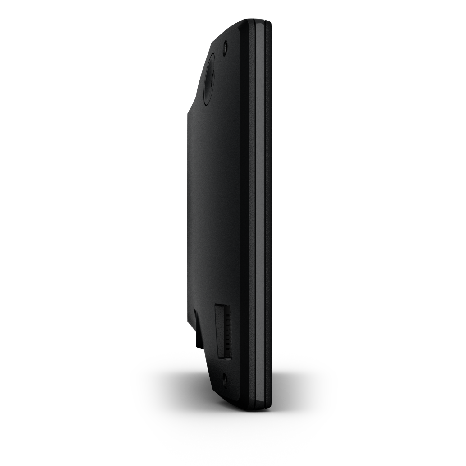 Black Garmin GPS device. Side view, showing the device's profile and a small port.