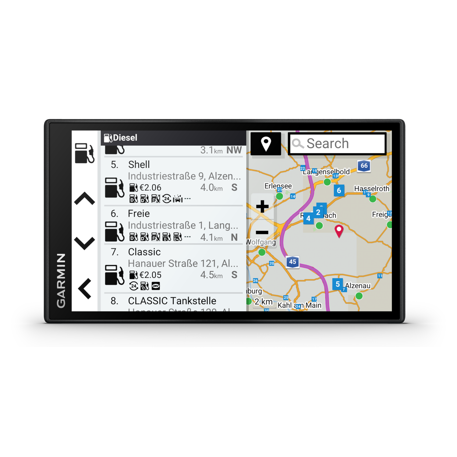 GPS device displaying a map and gas station options, black frame, black background.
