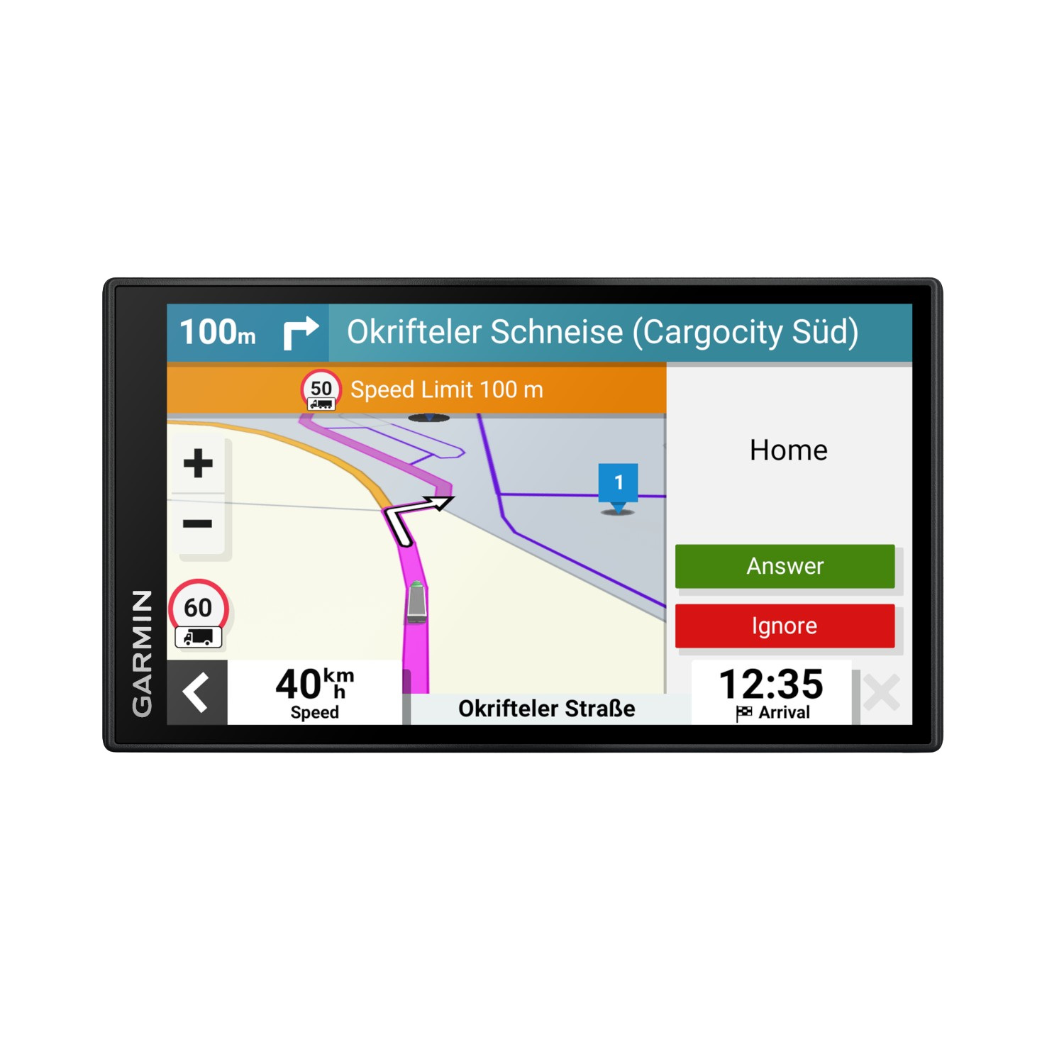 GPS screen shows a map, speed limit 50, speed 40km/h. Home, Answer, Ignore, and time display.