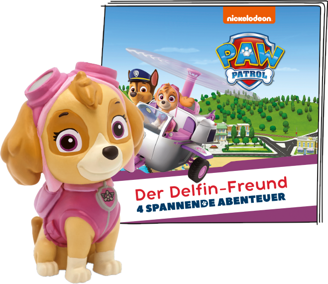 PAW Patrol Skye Figur und ein Buch. Das Buchcover zeigt das PAW Patrol Team in einem Flugzeug.