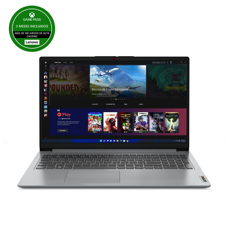 Portátil Lenovo plateado con juego en pantalla. Insignia Game Pass verde arriba izquierda.