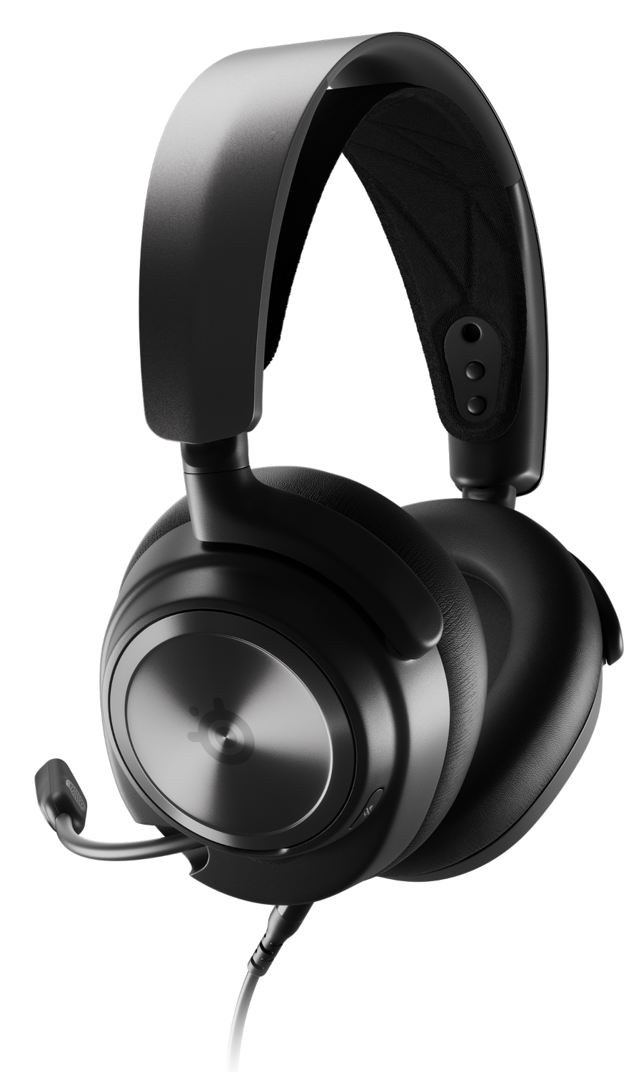 Fekete SteelSeries fejhallgató mikrofonnal. Fekete háttér.