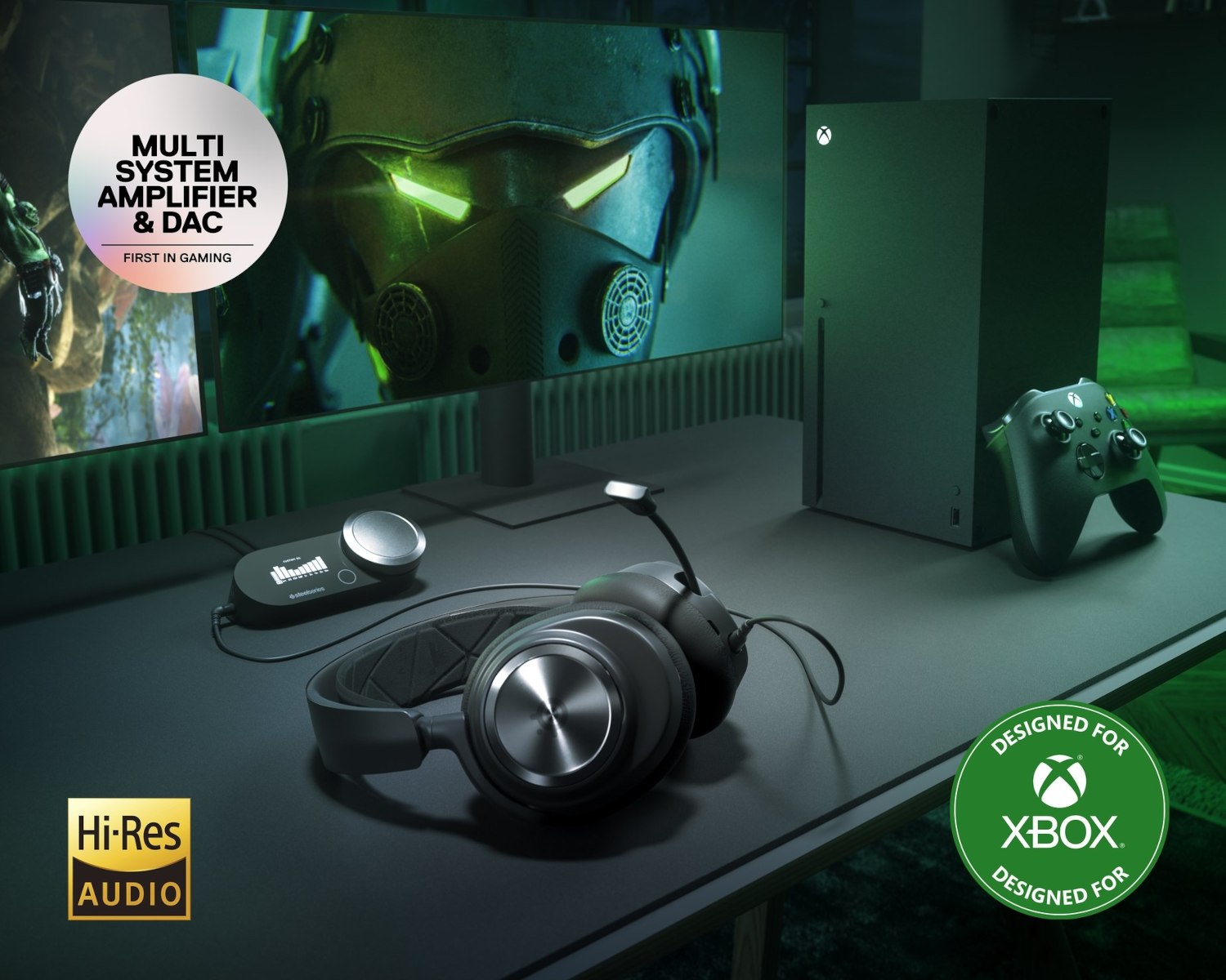 Gaming setup Xbox Series X-szel, kontrollerrel, fejhallgatóval és monitorral. Zöld témájú kép.