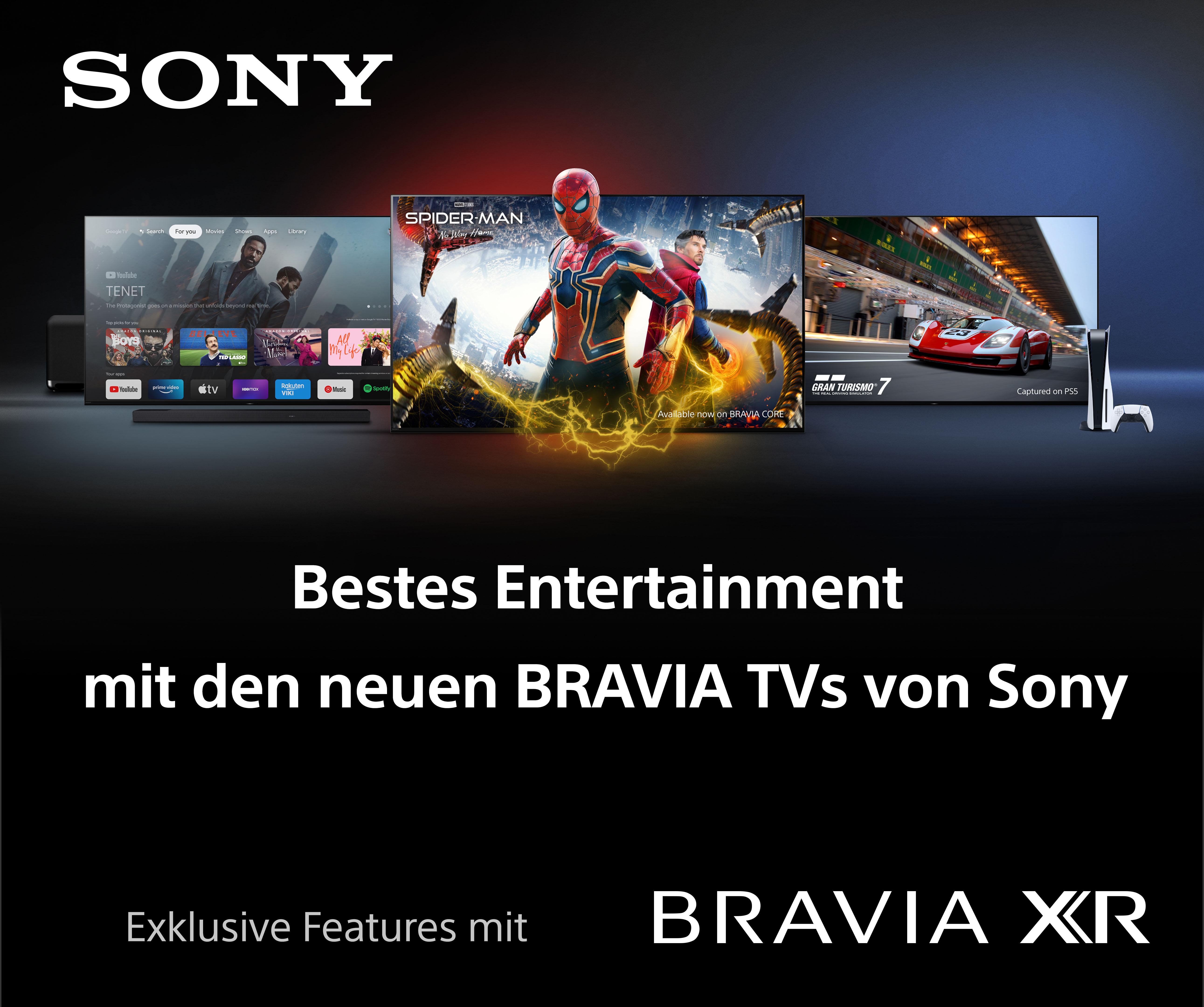 Sony-Werbung mit Fernsehern, die Spider-Man, ein Rennspiel und einen Menübildschirm zeigen.