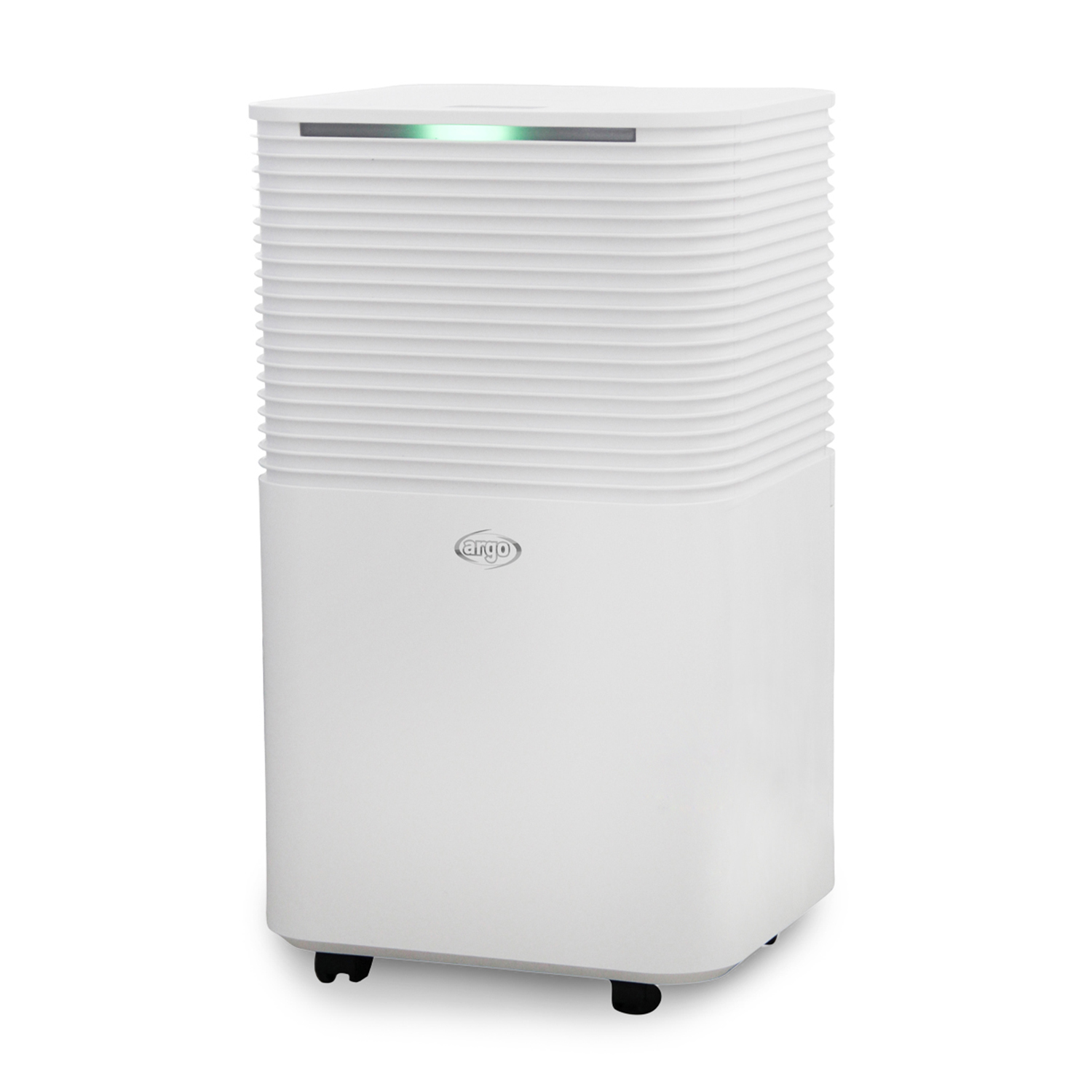 Purificatore d'aria bianco, forma cilindrica, con una luce sulla parte superiore e ruote alla base.