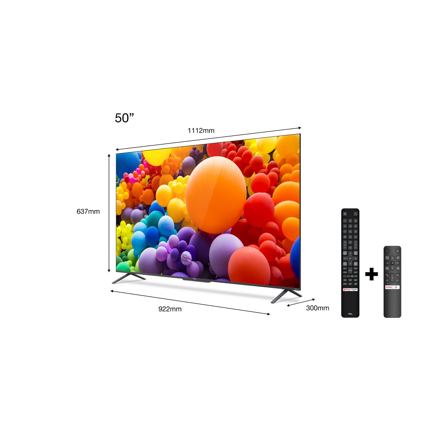 Un televisor TCL de 50" con una pantalla colorida y dos mandos a distancia a la derecha.