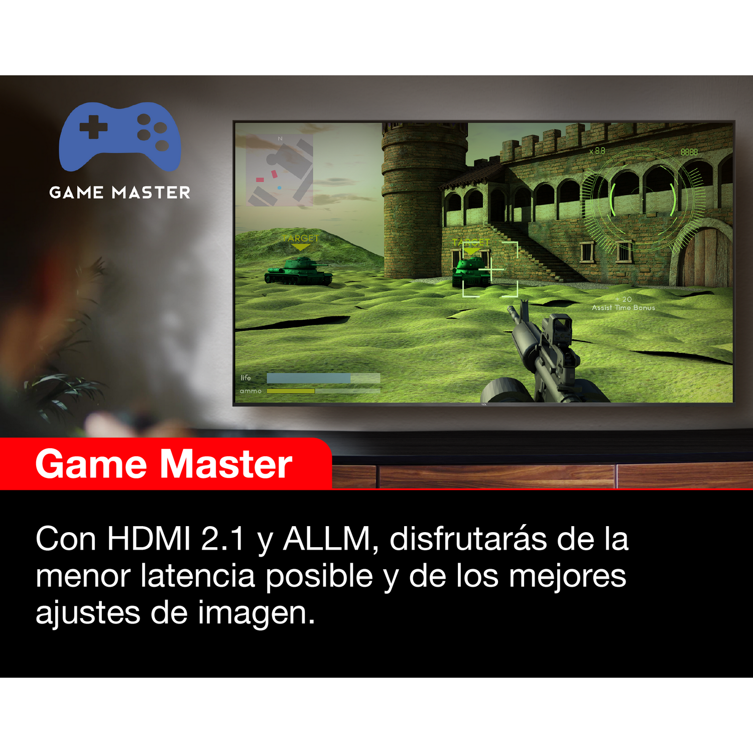 Un televisor que muestra una escena de juego. Un logotipo de Game Master en la parte superior. Texto abajo.