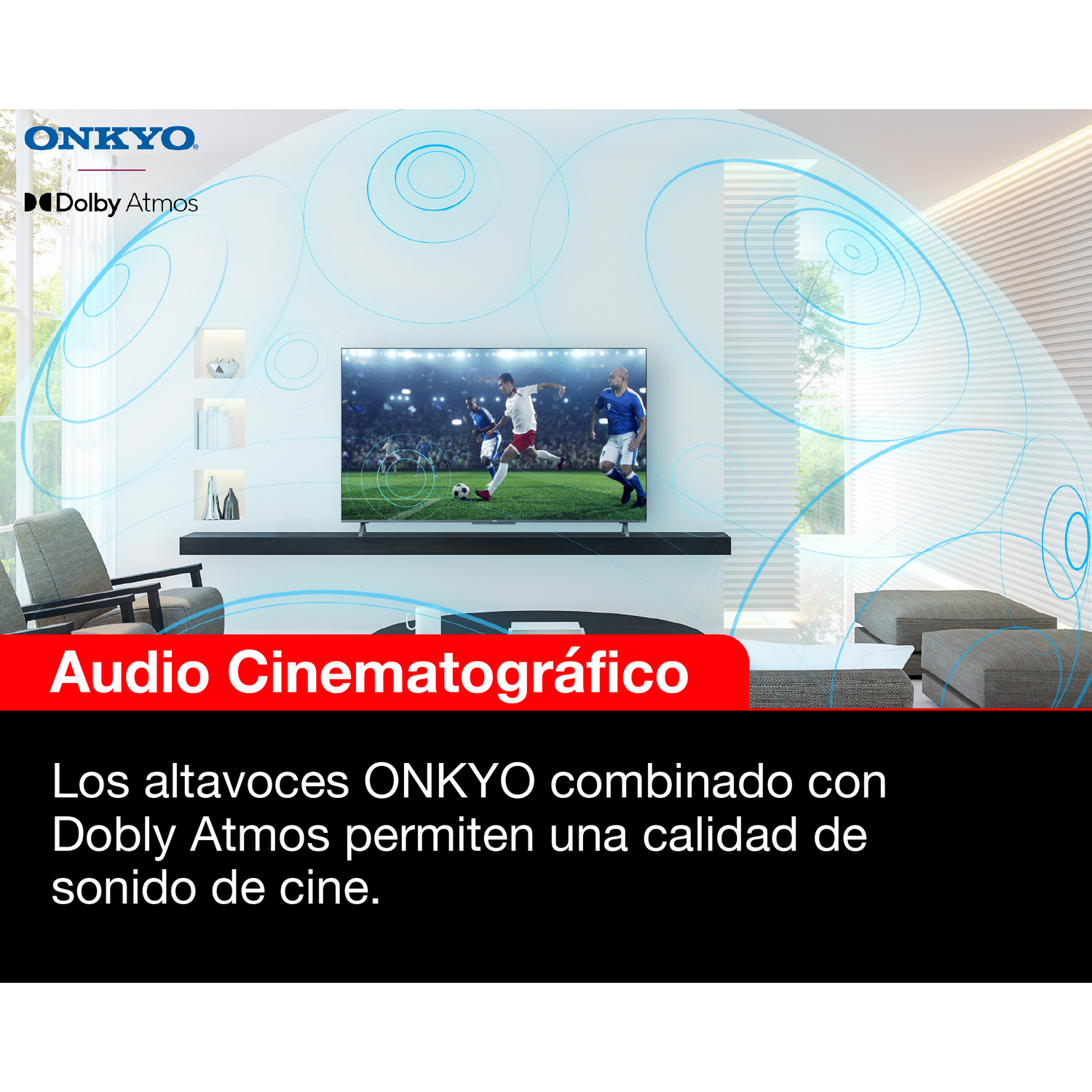 Salón con TV y barra de sonido. El texto dice 'Audio Cinematográfico' y describe el audio.