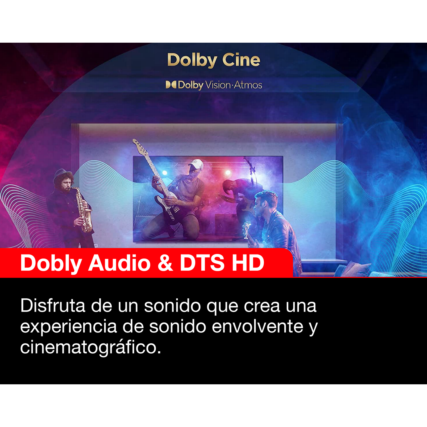 Un anuncio con músicos, audio Dolby y DTS HD, con fondo negro.